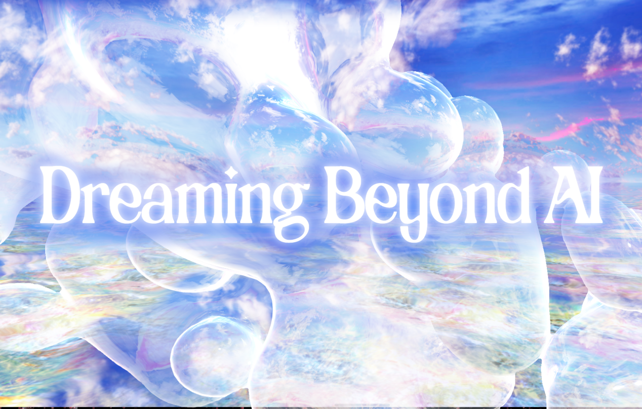Eine blaue Grafik ist zu sehen, darauf steht in weißen Buchstaben Dreaming Beyond AI, eine Tourneeausstellung des ifa.