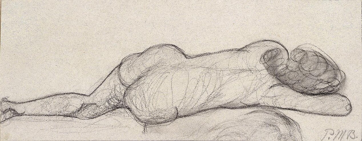 The picture shows a nude drawing of a reclining woman from the back.
