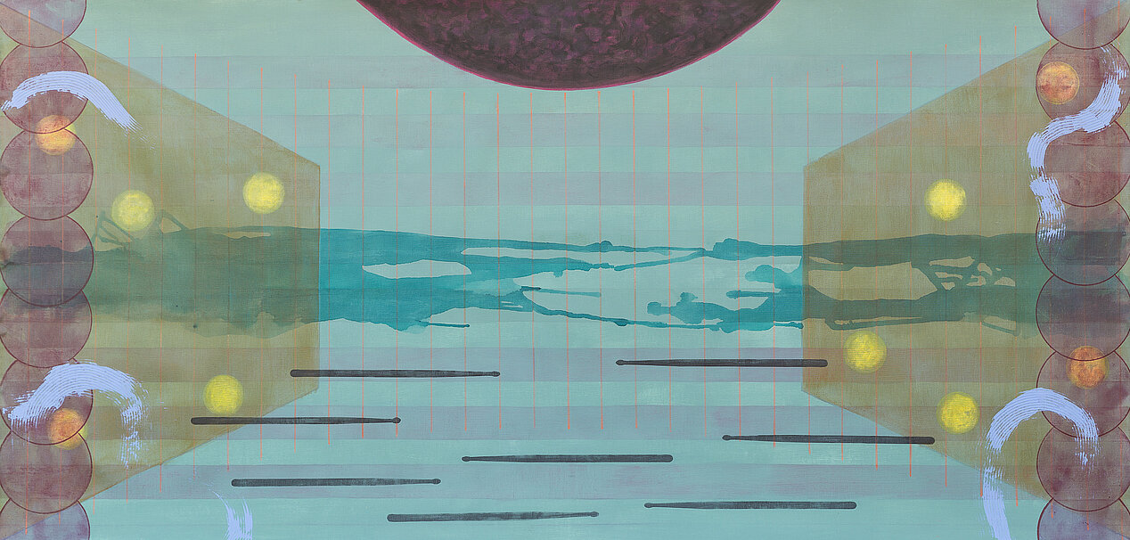 A view of Satch Hoyt's Afro-Sonic Mapping series. The colors are turquoise and beige-purple. Exhibited as part of the 24th Sydney Biennale. 